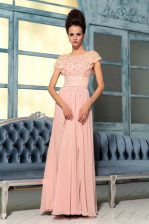  Floor Length Pink Prom Party Dress Bateau Cap Sleeves Side Zipper