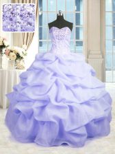 Low Price Sleeveless Floor Length Beading and Ruffles Lace Up Vestidos de Quinceanera with Lavender