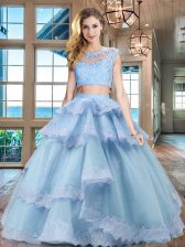  Scoop Ruffled Floor Length Two Pieces Cap Sleeves Light Blue Quinceanera Dresses Zipper