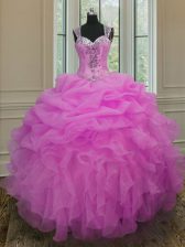 Custom Design Straps Lilac Organza Zipper Ball Gown Prom Dress Sleeveless Floor Length Beading and Ruffles