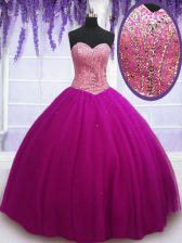  Sleeveless Tulle Floor Length Lace Up Quince Ball Gowns in Fuchsia with Beading