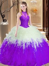 Deluxe White And Purple Quinceanera Dress Military Ball and Sweet 16 and Quinceanera with Lace and Appliques and Ruffles High-neck Sleeveless Lace Up