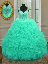  Apple Green Organza Zipper Straps Sleeveless Floor Length Quinceanera Dress Beading and Ruffles