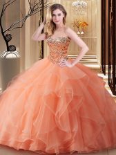  Peach Ball Gowns Beading Vestidos de Quinceanera Lace Up Tulle Sleeveless Floor Length