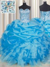  Blue Sweetheart Lace Up Beading and Ruffles and Pick Ups Quince Ball Gowns Sleeveless