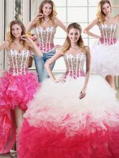 Luxury Four Piece White and Red Ball Gowns Organza Sweetheart Sleeveless Beading and Ruffles Floor Length Lace Up Sweet 16 Dresses