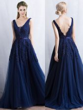  Brush Train A-line Prom Dress Navy Blue V-neck Tulle Sleeveless With Train Backless