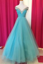Elegant Off the Shoulder Blue Sleeveless Tulle Backless Prom Dresses for Prom