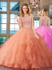 Artistic Scoop Orange Backless Quinceanera Dress Beading and Ruffles Sleeveless Floor Length