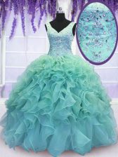 Elegant Blue V-neck Lace Up Beading and Embroidery and Ruffles 15 Quinceanera Dress Sleeveless