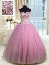  Sleeveless Organza Floor Length Lace Up 15 Quinceanera Dress in Rose Pink with Beading and Ruching
