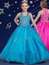 Sweet Scoop Sleeveless Floor Length Beading Zipper Kids Formal Wear with Blue