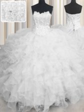 Stylish Scalloped Sleeveless Floor Length Beading and Ruffles Lace Up Quinceanera Dresses with White