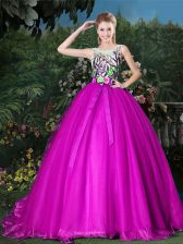 Fantastic Fuchsia Scoop Zipper Appliques and Belt Sweet 16 Dress Brush Train Sleeveless