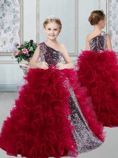  One Shoulder Sleeveless Floor Length Ruffles and Sequins Zipper Flower Girl Dresses with Burgundy