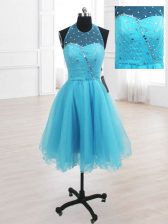 Edgy Sequins Knee Length A-line Sleeveless Baby Blue Prom Dresses Lace Up