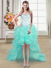 Colorful Aqua Blue Lace Up Straps Beading and Ruffles Organza Sleeveless