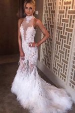 Delicate White High-neck Neckline Lace Prom Evening Gown Sleeveless Backless