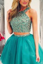 Exceptional Knee Length Turquoise Prom Gown Scoop Sleeveless Zipper