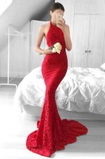  Mermaid Halter Top Red Sleeveless Sweep Train Lace Dress for Prom
