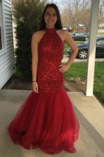 Extravagant Mermaid Red Zipper Prom Evening Gown Sequins Sleeveless Floor Length