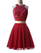  Scoop Wine Red Zipper Prom Dress Beading Sleeveless Knee Length