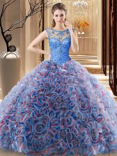 Decent Multi-color Ball Gowns Fabric With Rolling Flowers Scoop Sleeveless Beading Lace Up Sweet 16 Dress Brush Train