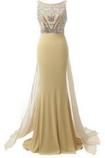 Flare Scoop Champagne Empire Beading Evening Dress Side Zipper Satin Sleeveless