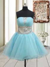  Strapless Sleeveless Prom Evening Gown Mini Length Beading Aqua Blue Organza