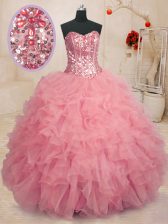  Baby Pink Organza Lace Up Sweet 16 Dress Sleeveless Floor Length Beading and Ruffles