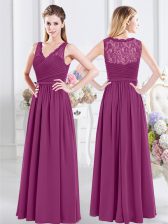 Hot Sale Fuchsia Sleeveless Floor Length Lace and Ruching Side Zipper Damas Dress