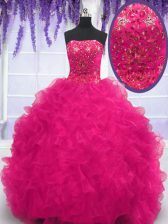 Comfortable Fuchsia Lace Up Quinceanera Dress Beading and Ruffles Sleeveless With Brush Train