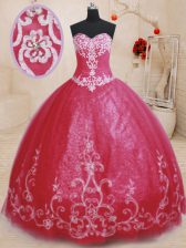 Glorious Red Sleeveless Floor Length Beading and Embroidery Lace Up Quinceanera Dress