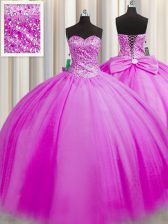Sumptuous Really Puffy Sweetheart Sleeveless Quinceanera Gown Floor Length Beading Fuchsia Tulle