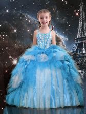 Excellent Baby Blue Sleeveless Floor Length Beading and Ruffles Lace Up Child Pageant Dress