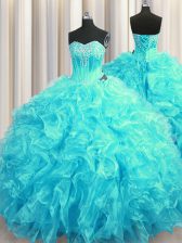  Aqua Blue Sweet 16 Dress Organza Brush Train Sleeveless Beading and Ruffles