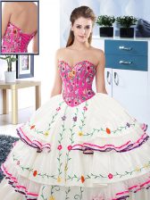 Custom Fit White Sweetheart Lace Up Embroidery and Ruffled Layers Quince Ball Gowns Sleeveless