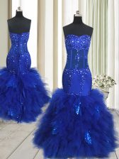 Top Selling Mermaid Sweetheart Sleeveless Prom Evening Gown Floor Length Beading and Ruffles Royal Blue Tulle