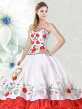  Ruffled Floor Length White and Red 15 Quinceanera Dress Sweetheart Sleeveless Lace Up