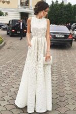 Flare Scoop Lace White Sleeveless Pleated Floor Length Prom Gown