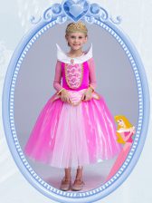  Scoop Hot Pink Long Sleeves Tulle Side Zipper Flower Girl Dress for Party and Quinceanera and Wedding Party
