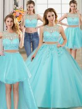  Four Piece Scoop Aqua Blue Sleeveless Tulle Zipper Vestidos de Quinceanera for Military Ball and Sweet 16 and Quinceanera