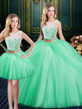  Three Piece Scoop Apple Green Sleeveless Floor Length Lace and Pick Ups Lace Up Sweet 16 Quinceanera Dress