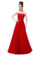  Red Sleeveless Chiffon Lace Up Prom Gown for Prom and Party