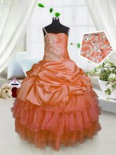 Fancy One Shoulder Floor Length Orange Kids Formal Wear Satin and Tulle Sleeveless Beading and Ruffled Layers and Pick Ups