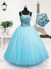 Turquoise Tulle Zipper Pageant Gowns For Girls Sleeveless Floor Length Beading and Sequins