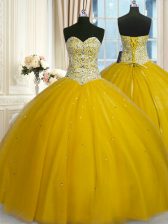 Captivating Sweetheart Sleeveless Quinceanera Gown Floor Length Beading and Sequins Gold Tulle