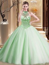  Halter Top Sleeveless Quinceanera Dress With Brush Train Beading Apple Green Tulle