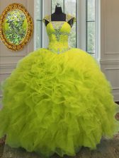 New Arrival Yellow Green Ball Gowns Straps Cap Sleeves Organza Floor Length Lace Up Beading and Ruffles and Sequins Ball Gown Prom Dress