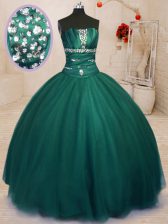 Ideal Dark Green Ball Gowns Tulle Strapless Sleeveless Beading Floor Length Lace Up Quinceanera Dress